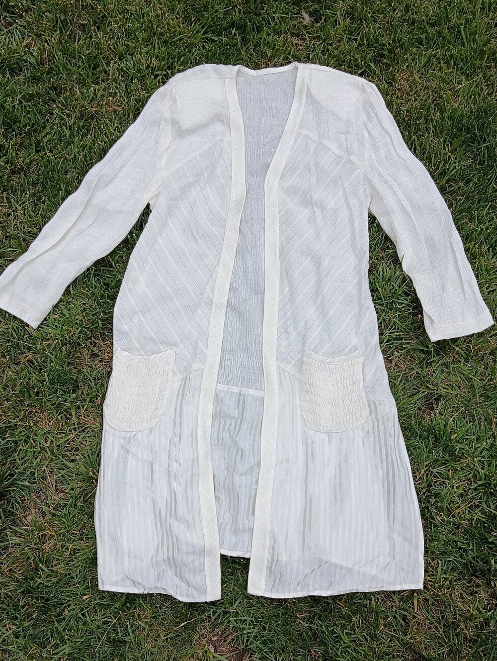 Vintage Textured Gauze Duster Jacket White Open Front Boho Artsy Layering Piece